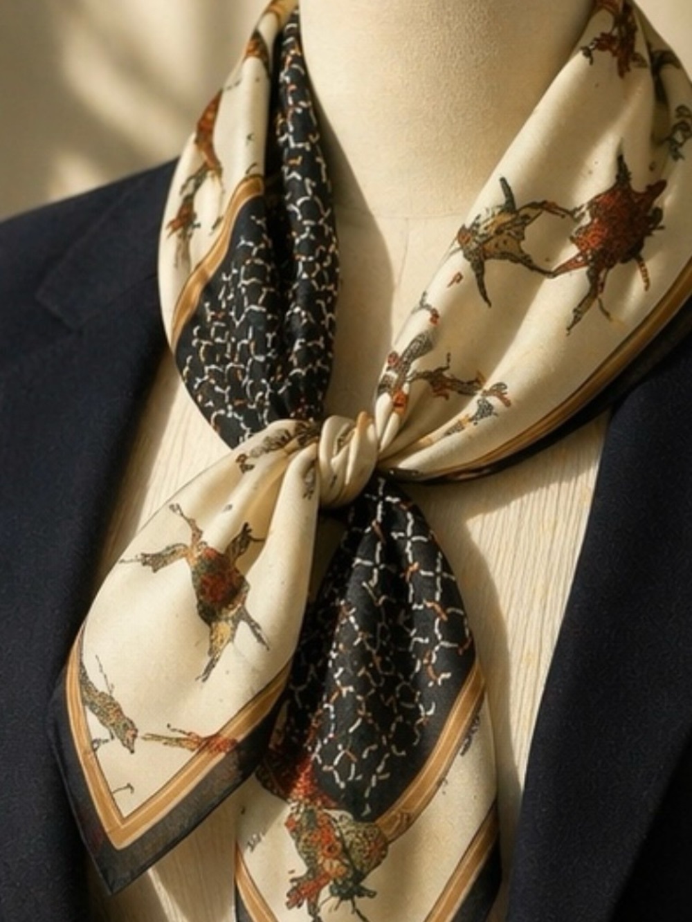 Elegant Equestrian/Pheasant Scarf – Cream/Black/Gold